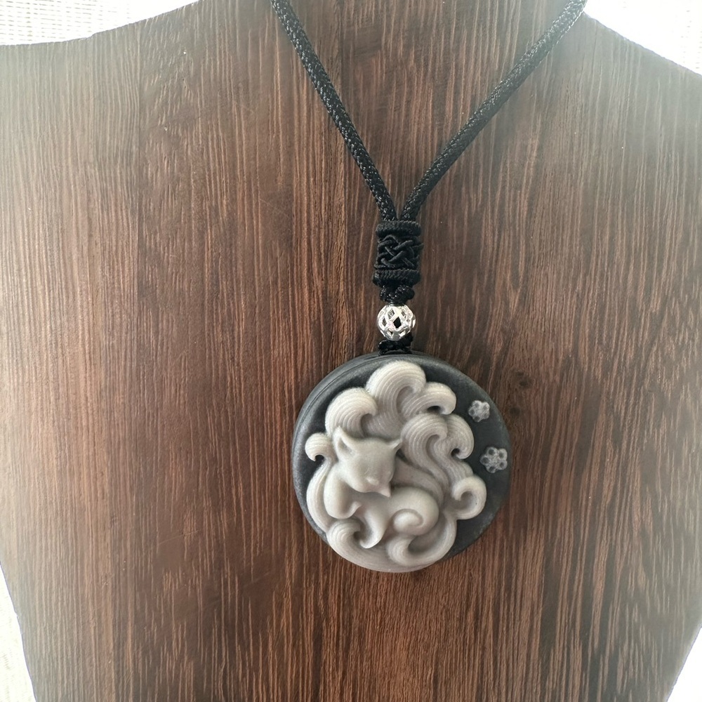 Tai Chi Stone Nine Tail Fox Pendant on Black Adjustable Rope - Picture 11 of 15